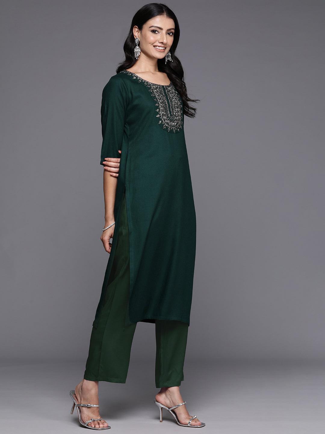 Green Yoke Design Wool Blend Straight Kurta Set - Libas