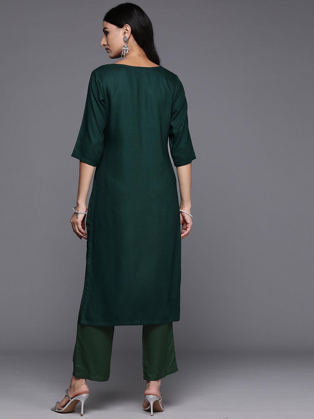 Green Yoke Design Wool Blend Straight Kurta Set - Libas 