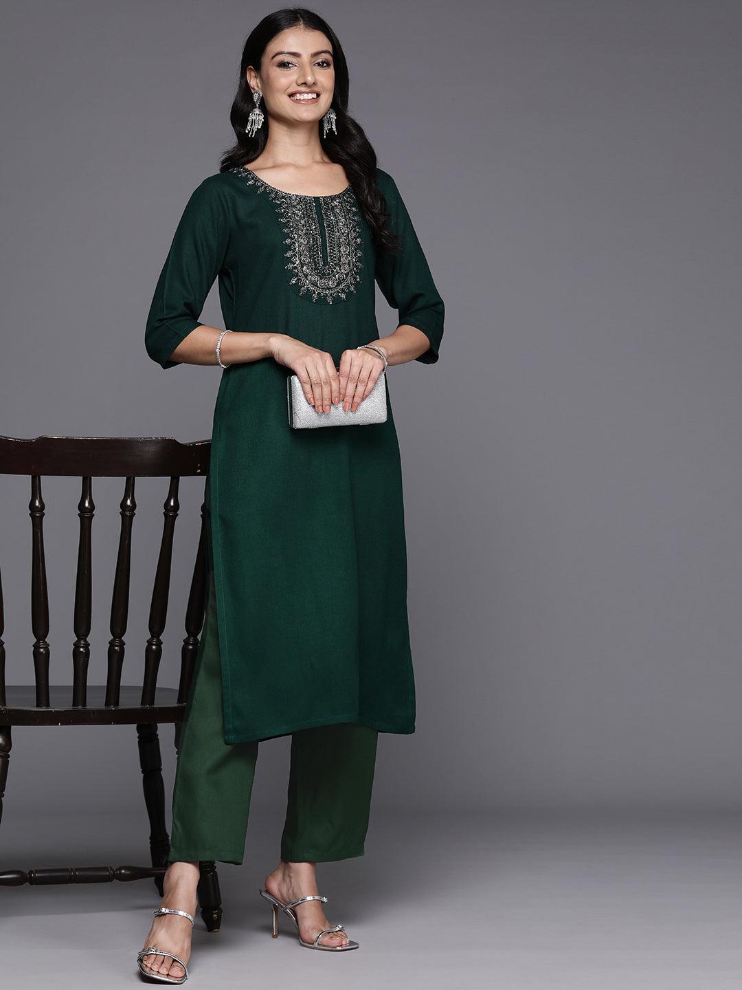 Green Yoke Design Wool Blend Straight Kurta Set - Libas 