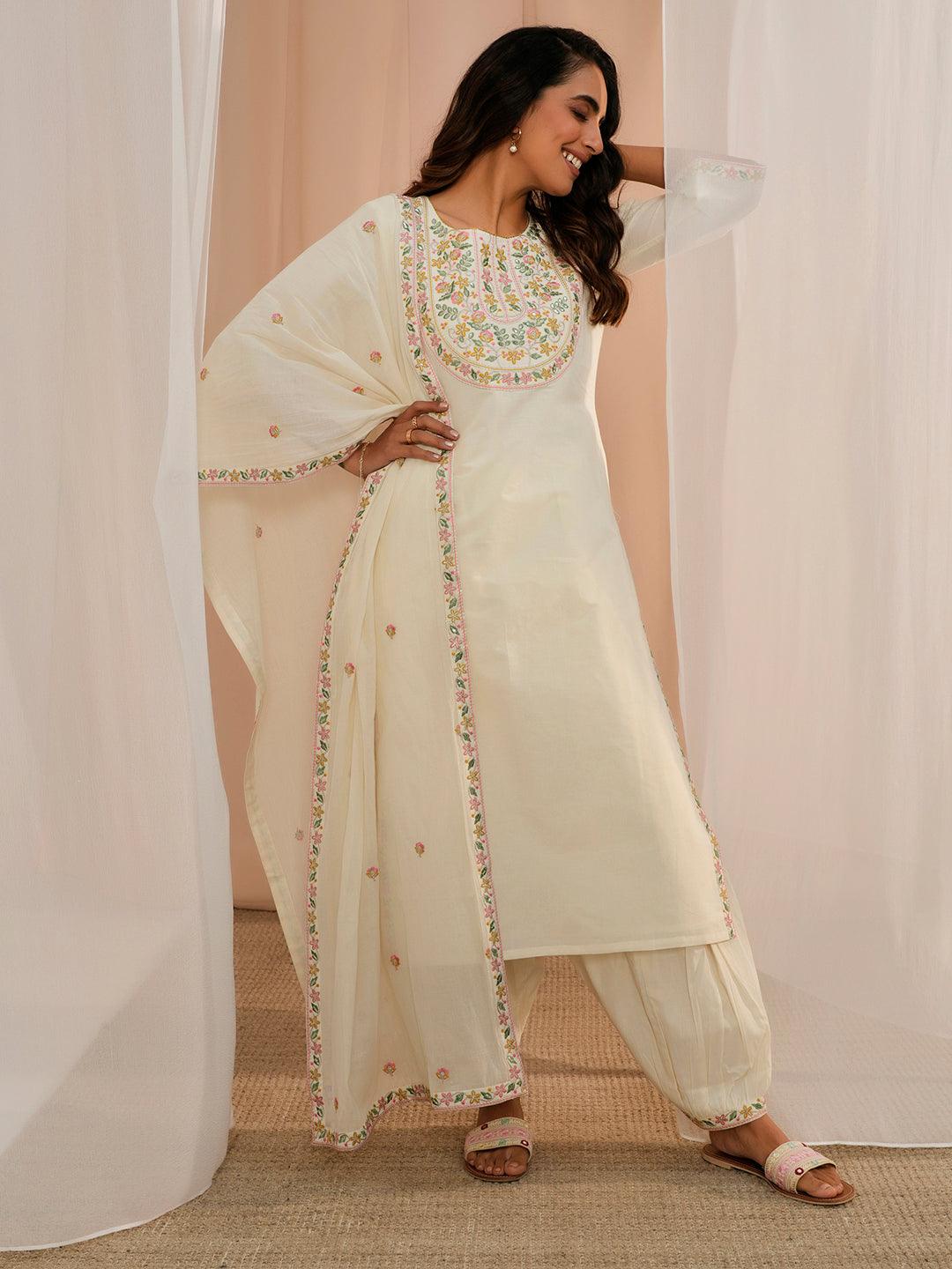 Off White Yoke Design Cotton Straight Suit With Dupatta - Libas 