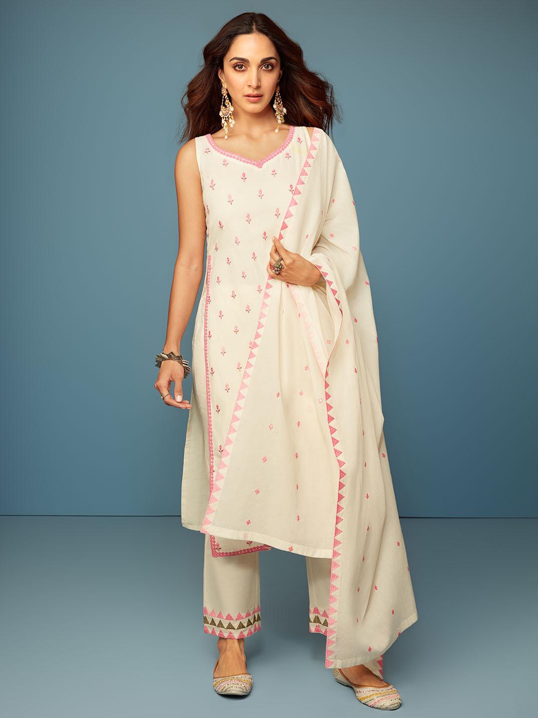 Off White Embroidered Cotton Straight Suit With Dupatta - Libas 