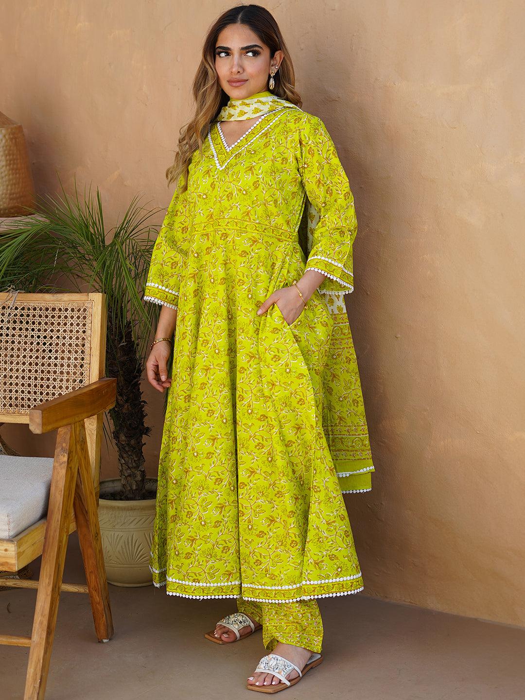 Green Printed Cotton Anarkali Suit With Dupatta - Libas