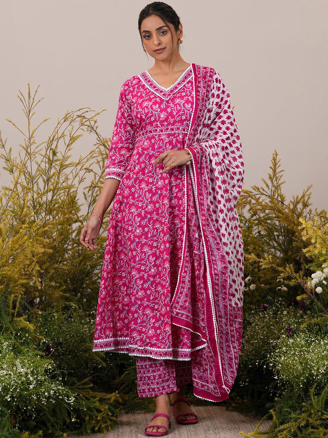 Pink Printed Cotton A-Line Kurta With Trousers & Dupatta