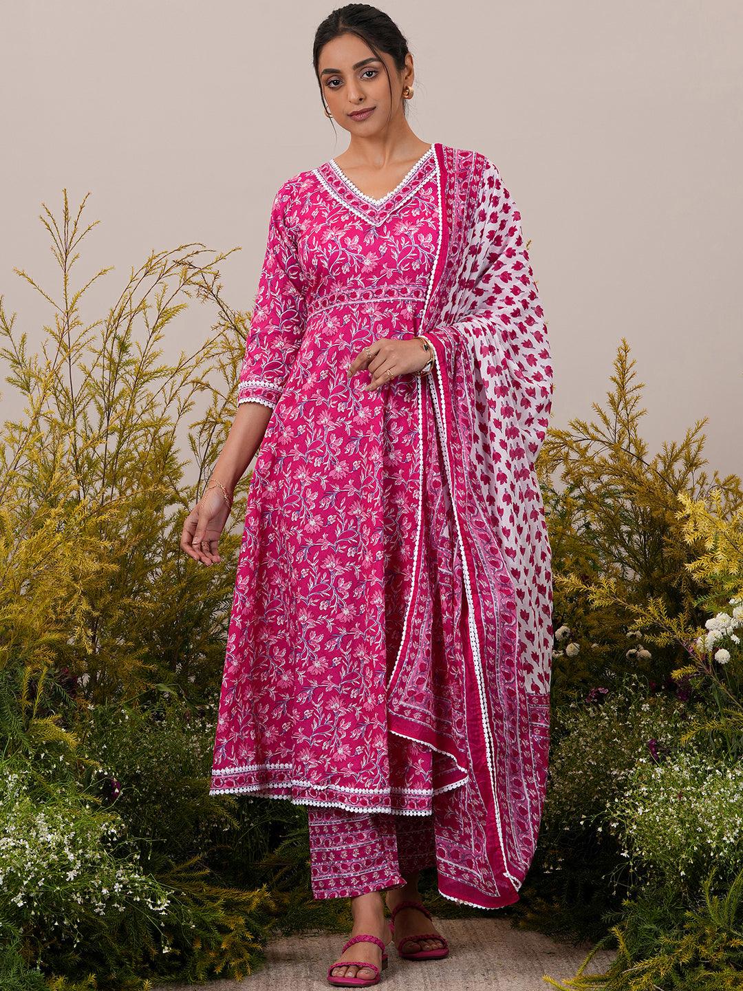 Pink Printed Cotton A-Line Kurta With Trousers & Dupatta - Libas 