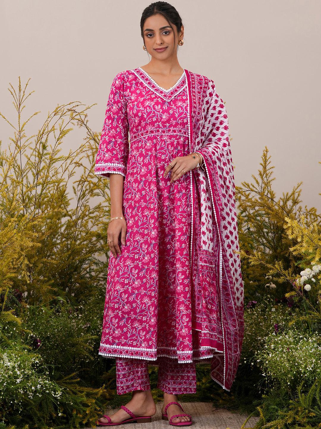 Pink Printed Cotton A-Line Kurta With Trousers & Dupatta - Libas