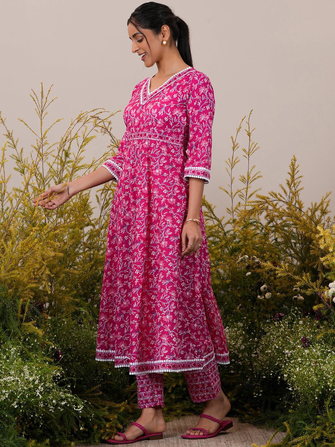 Pink Printed Cotton A-Line Kurta With Trousers & Dupatta - Libas 