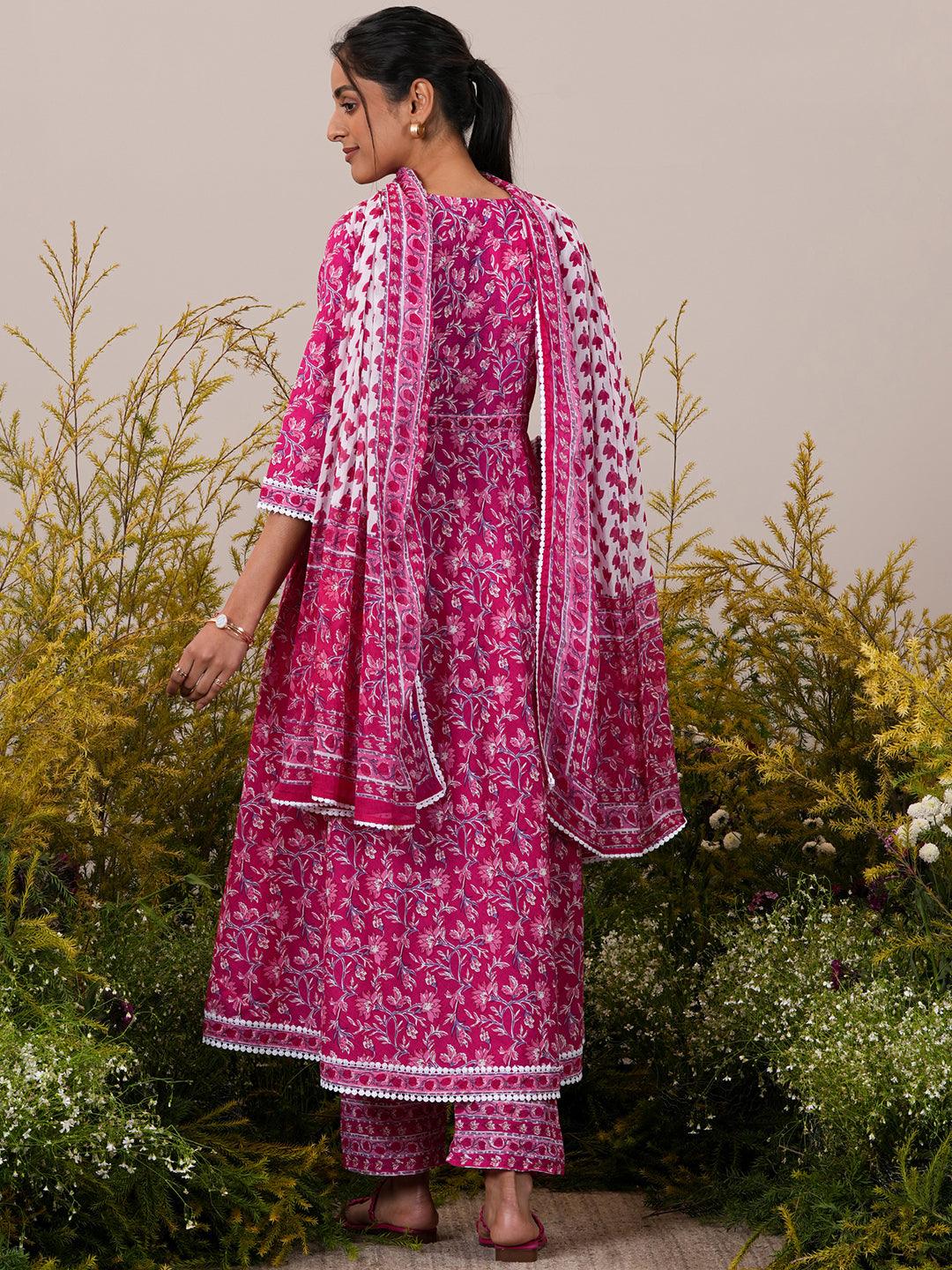 Pink Printed Cotton A-Line Kurta With Trousers & Dupatta - Libas 