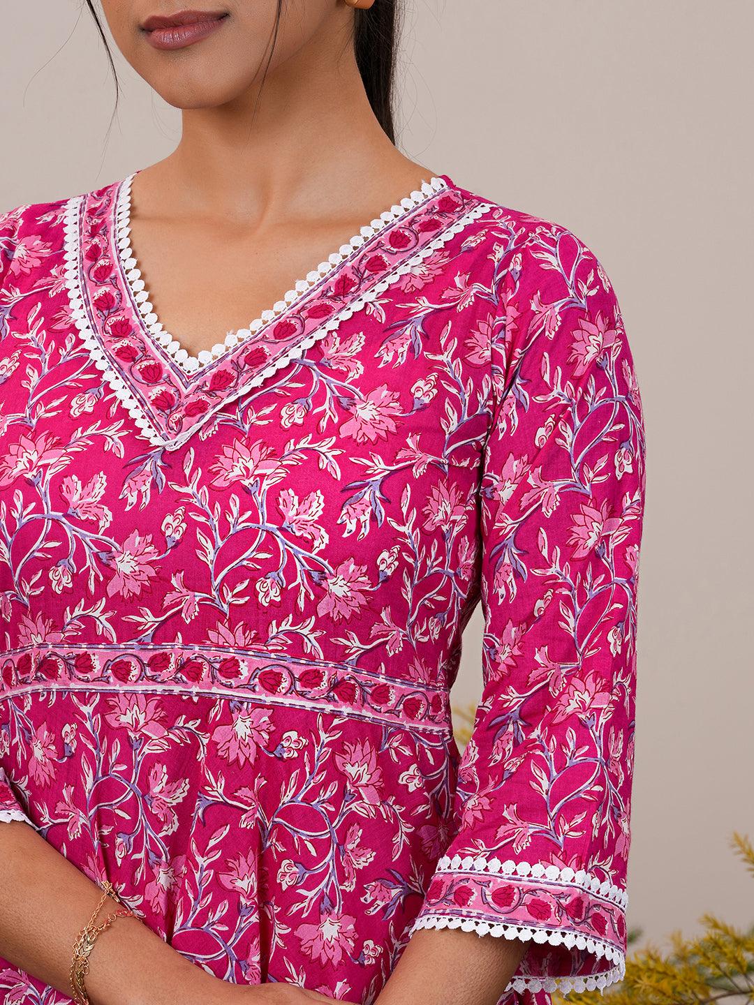 Pink Printed Cotton A-Line Kurta With Trousers & Dupatta - Libas 