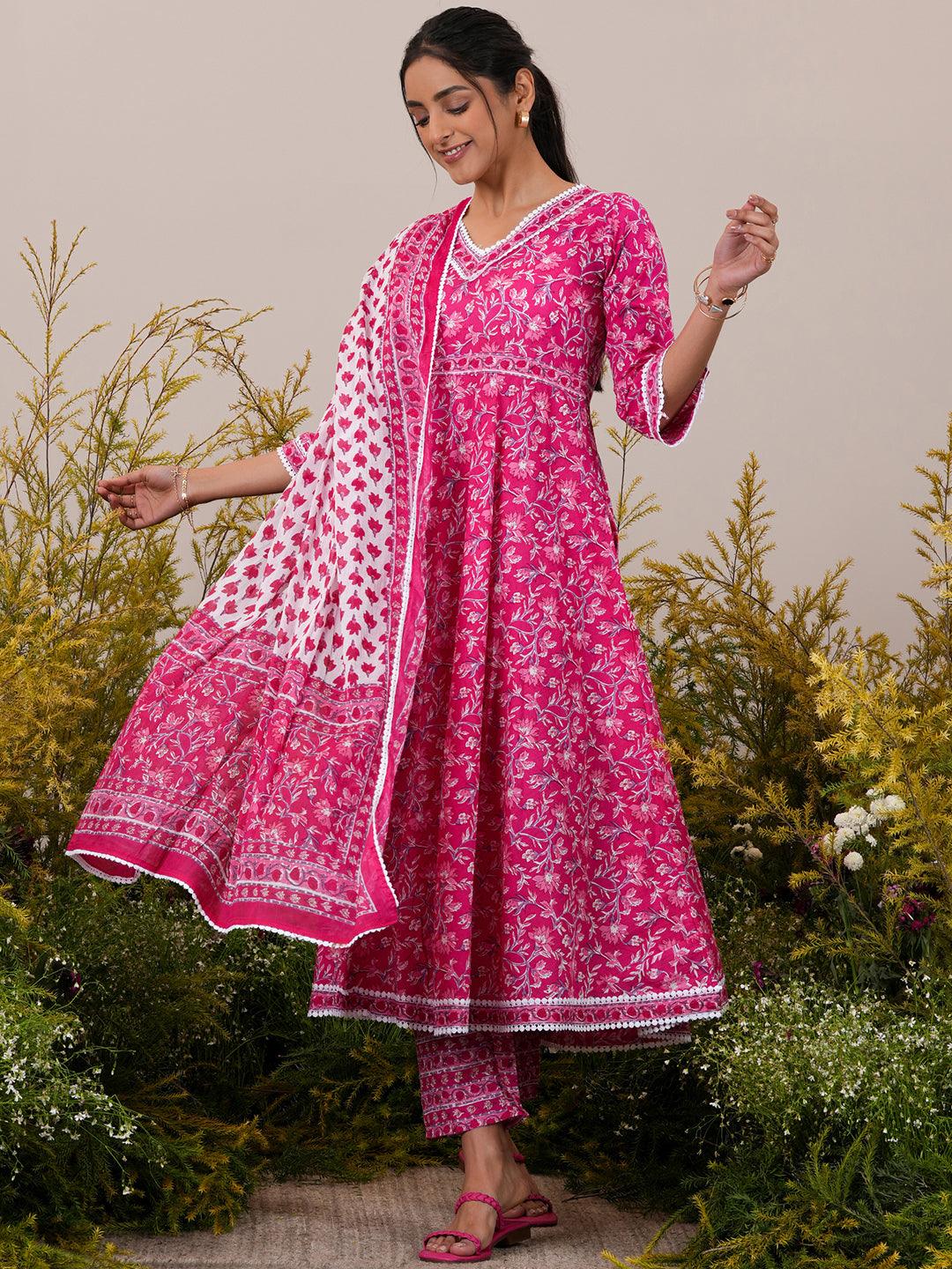 Pink Printed Cotton A-Line Kurta With Trousers & Dupatta - Libas 