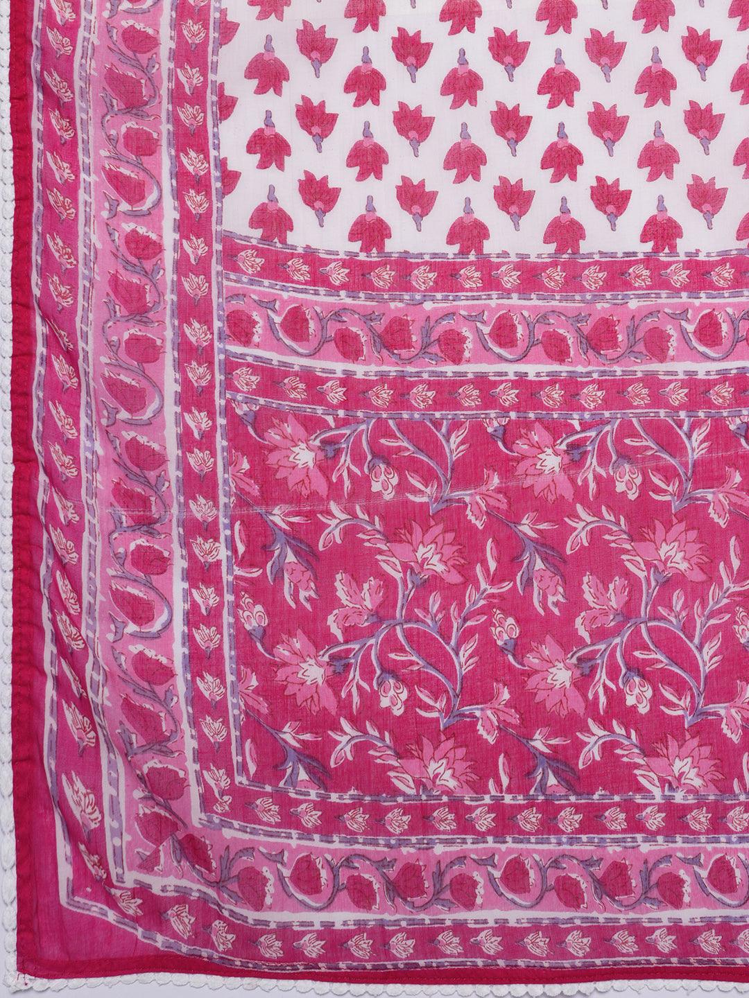 Pink Printed Cotton A-Line Kurta With Trousers & Dupatta - Libas 