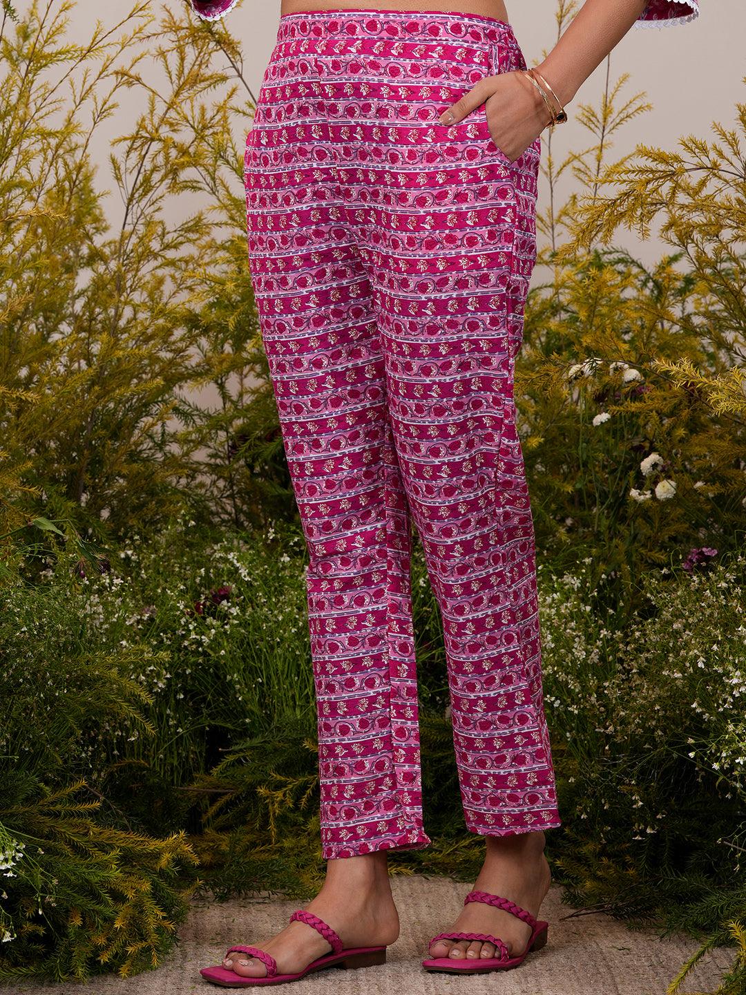 Pink Printed Cotton A-Line Kurta With Trousers & Dupatta - Libas 