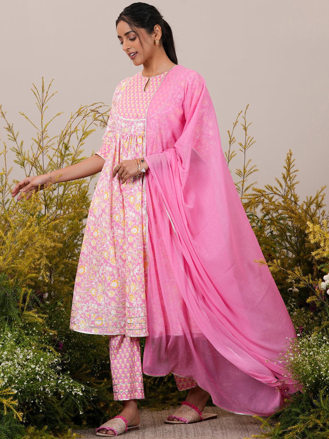 Pink Yoke Design Cotton Anarkali Suit With Dupatta - Libas 