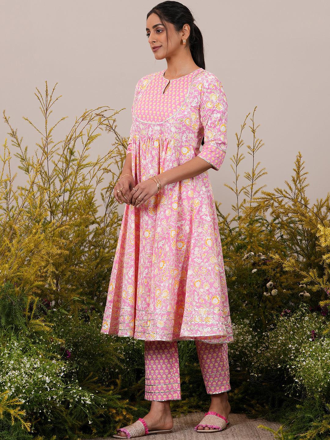 Pink Yoke Design Cotton Anarkali Suit With Dupatta - Libas 