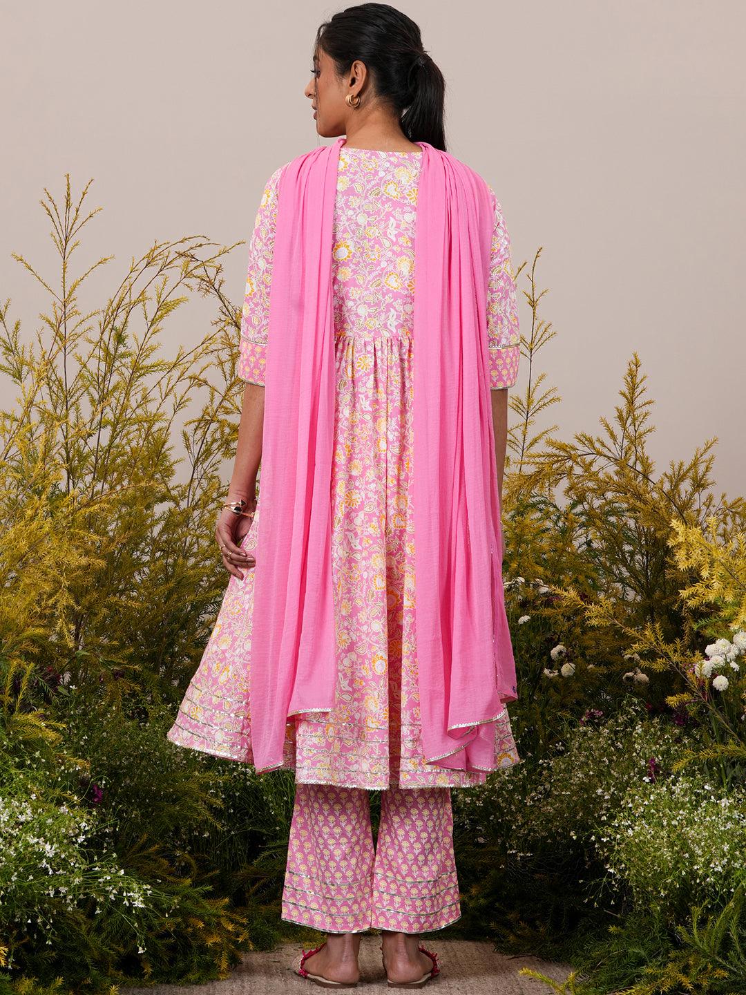 Pink Yoke Design Cotton Anarkali Suit With Dupatta - Libas 