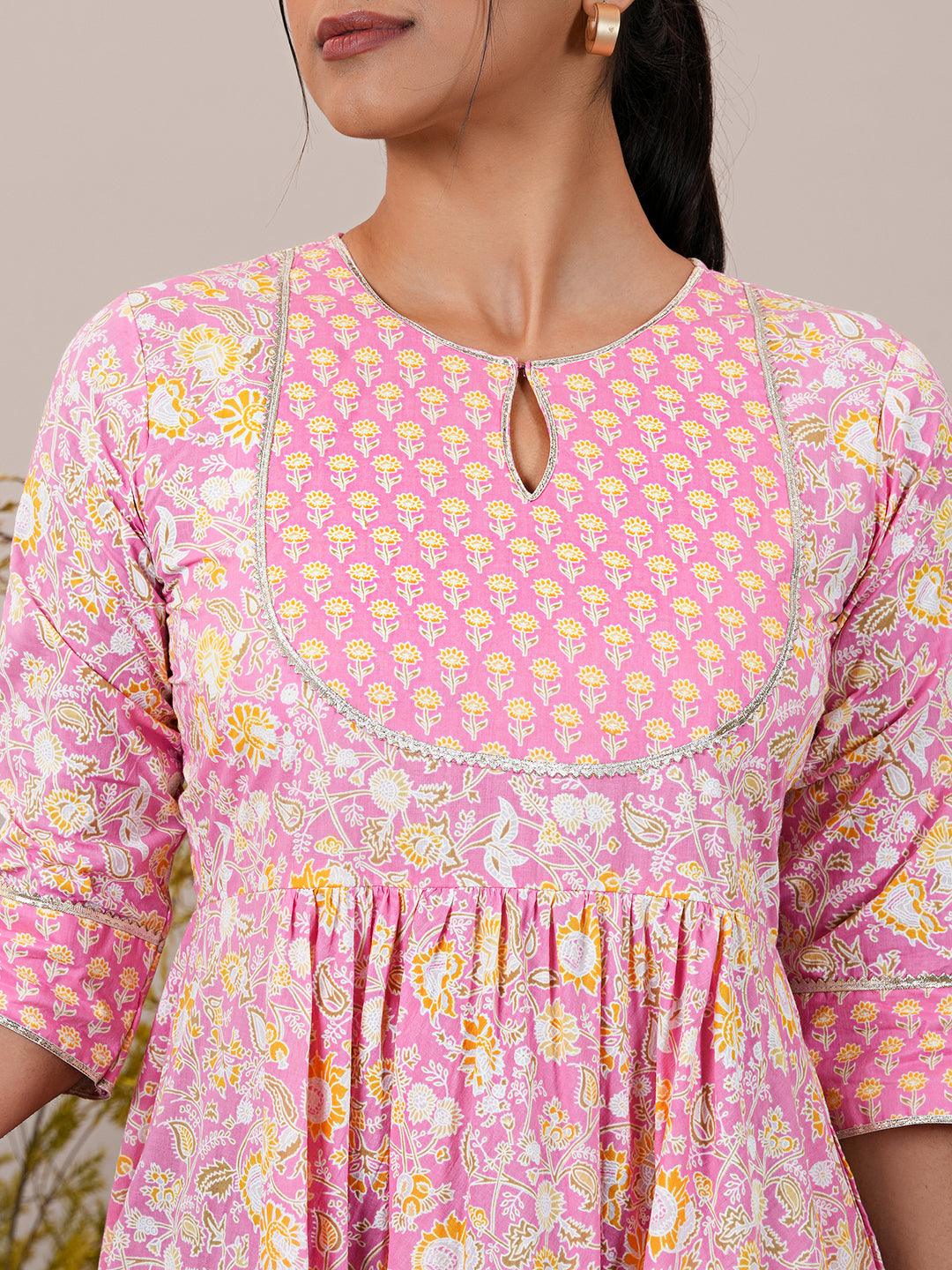 Pink Yoke Design Cotton Anarkali Suit With Dupatta - Libas