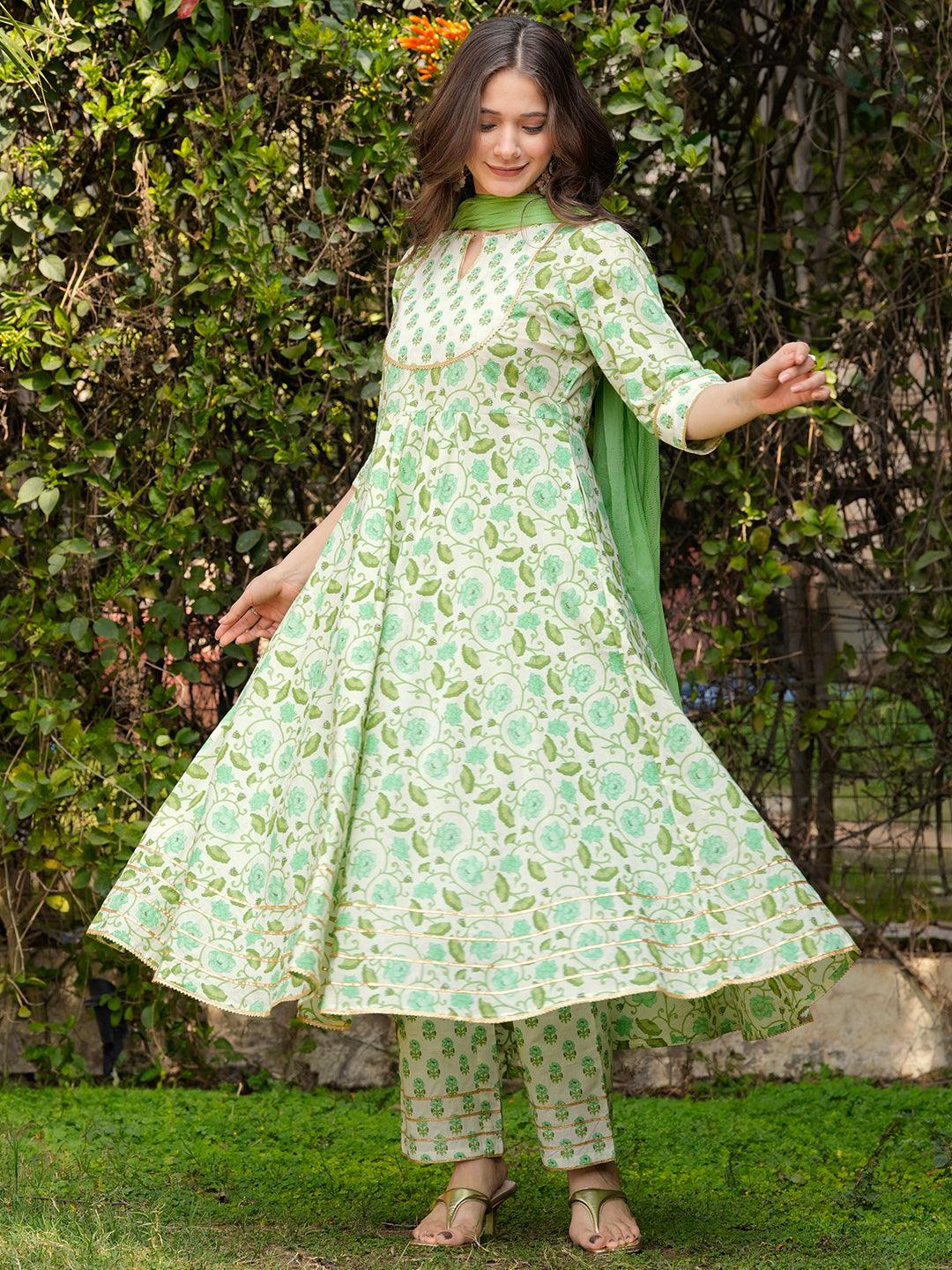 Green Yoke Design Cotton Anarkali Suit With Dupatta - Libas