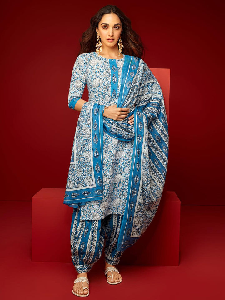 Blue Printed Cotton Straight Suit With Dupatta - Libas