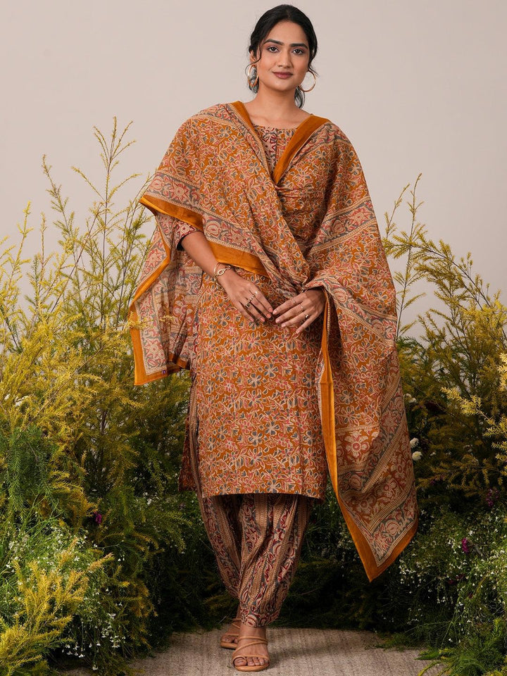 Mustard Printed Cotton Straight Suit With Dupatta - Libas