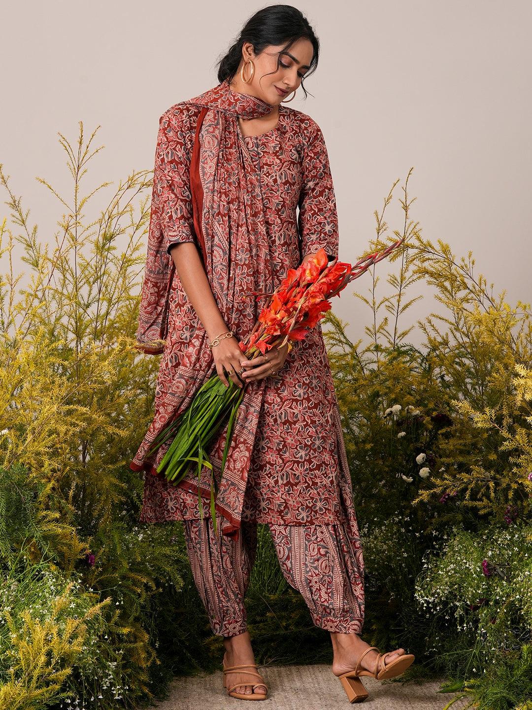 Rust Printed Cotton Straight Suit With Dupatta - Libas