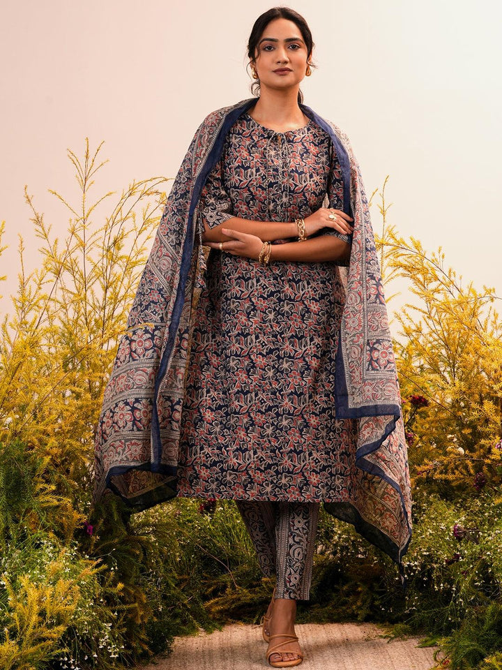 Blue Printed Cotton Straight Suit With Dupatta - Libas