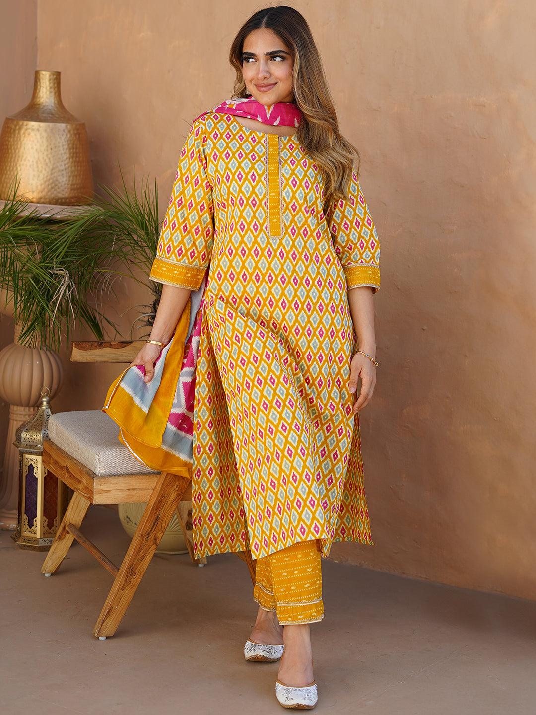 Mustard Printed Cotton Straight Suit With Dupatta - Libas