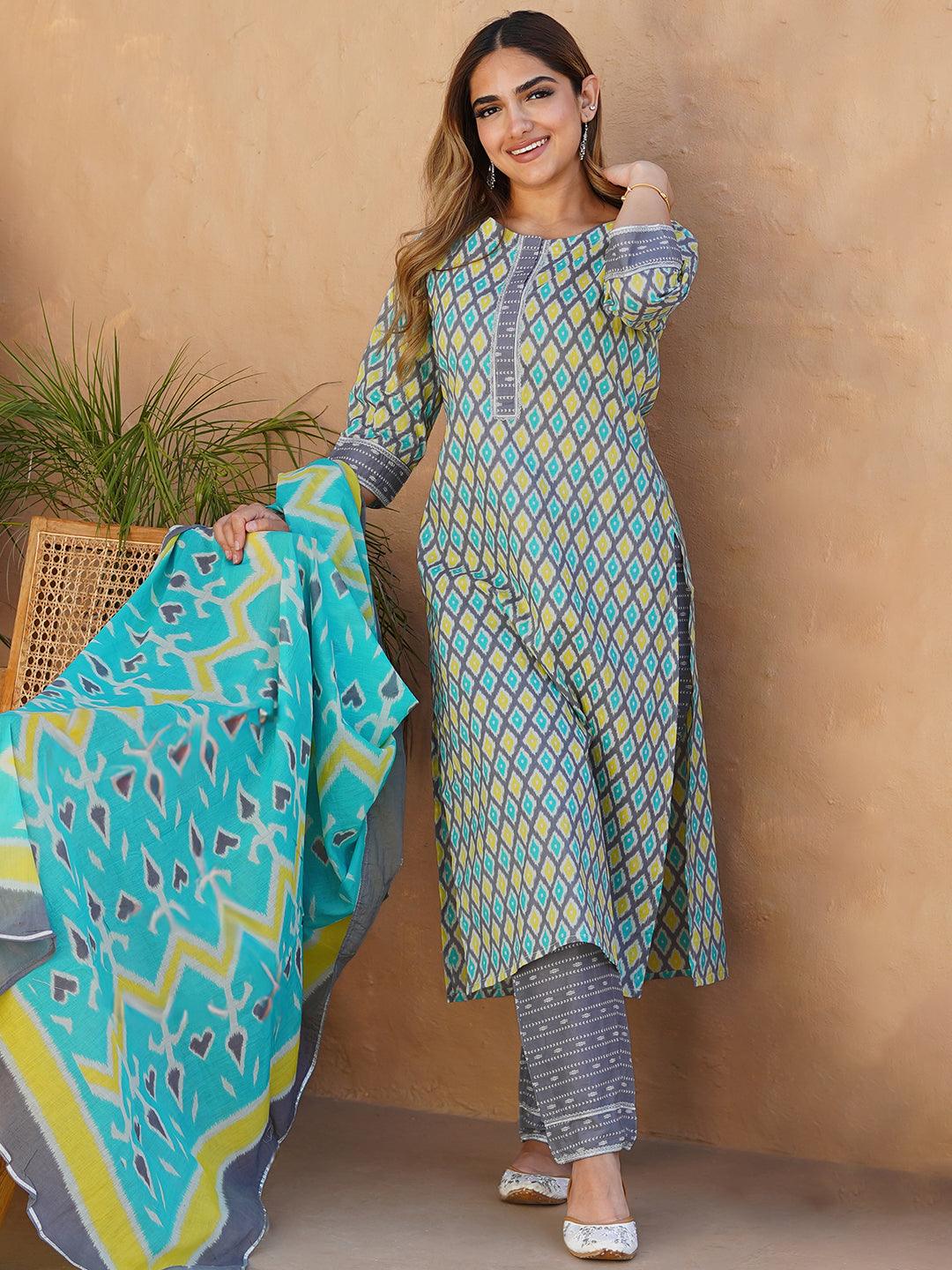 Grey Printed Cotton Straight Suit With Dupatta - Libas