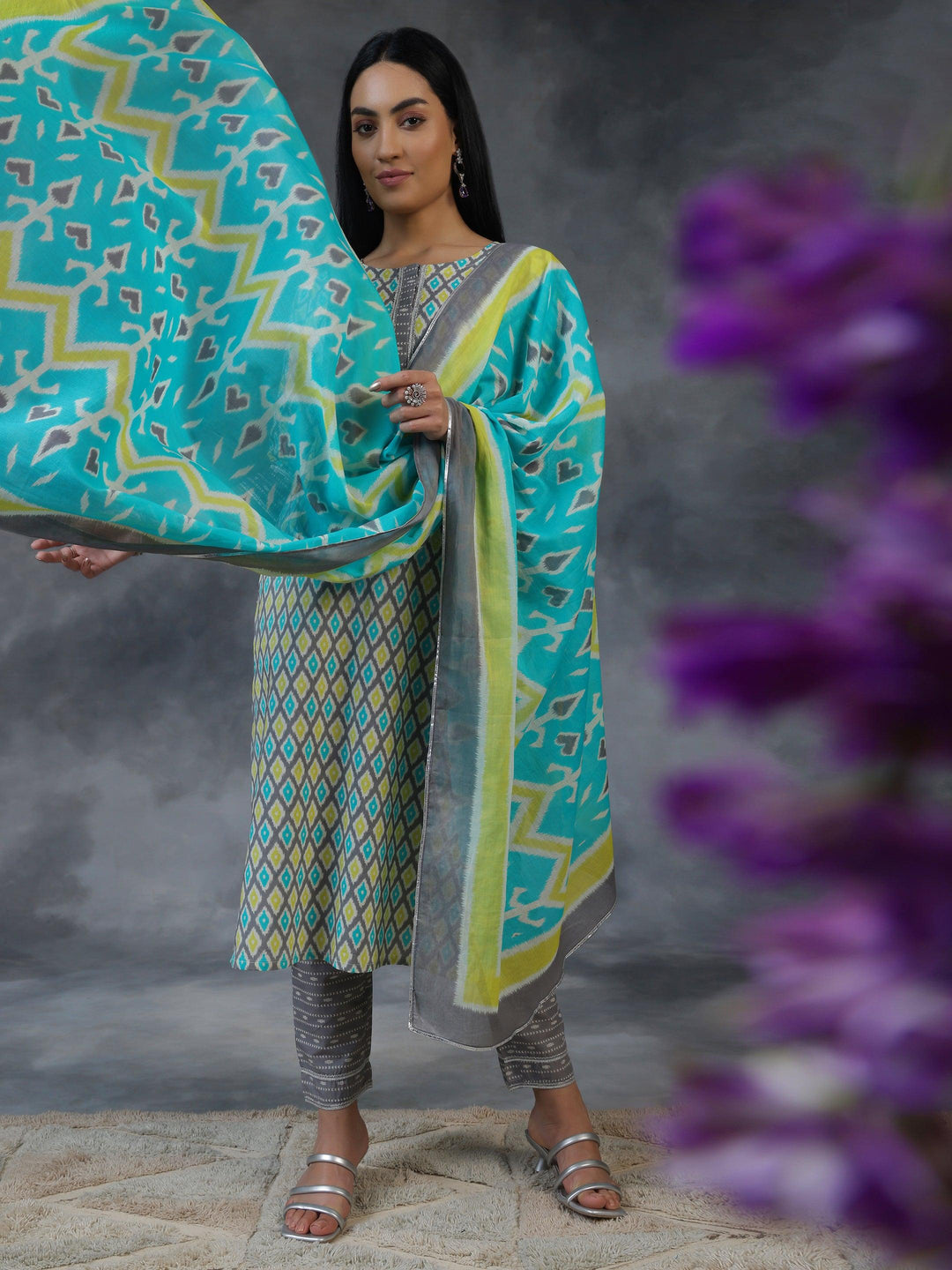 Grey Printed Cotton Straight Suit With Dupatta - Libas