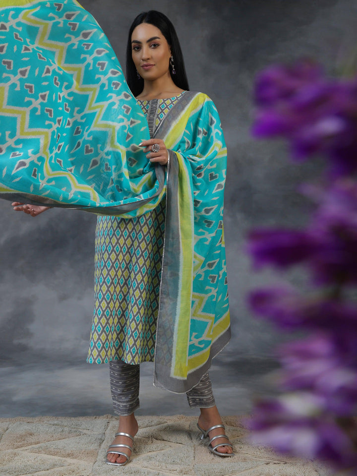 Grey Printed Cotton Straight Suit With Dupatta - Libas