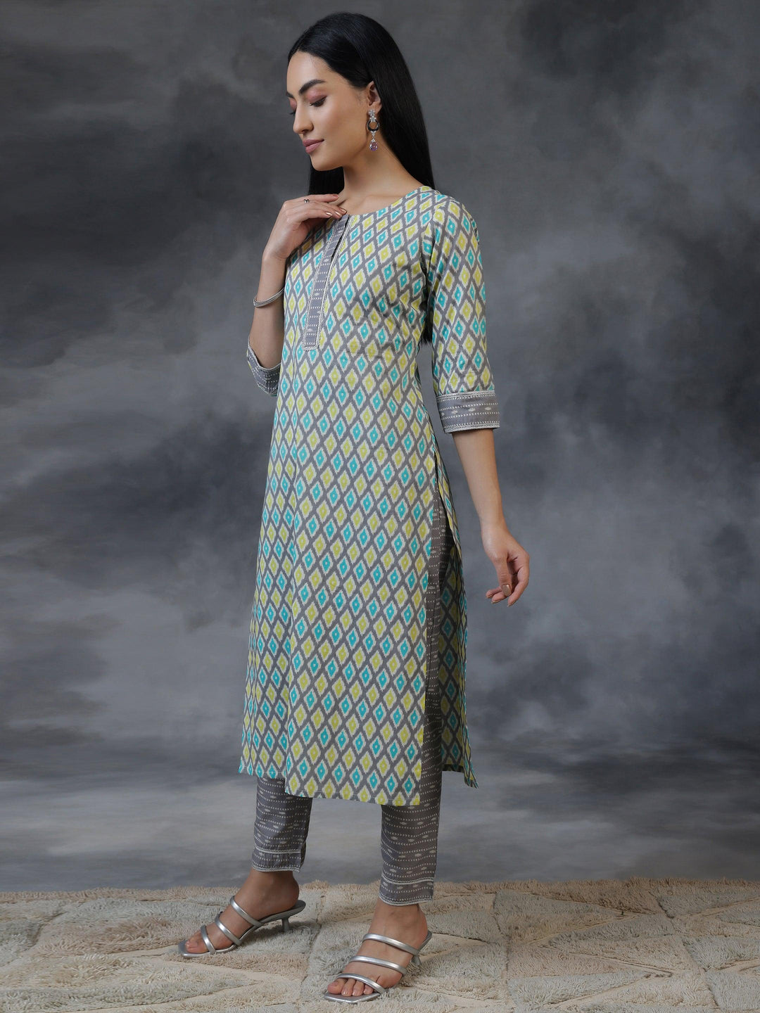 Grey Printed Cotton Straight Suit With Dupatta - Libas 