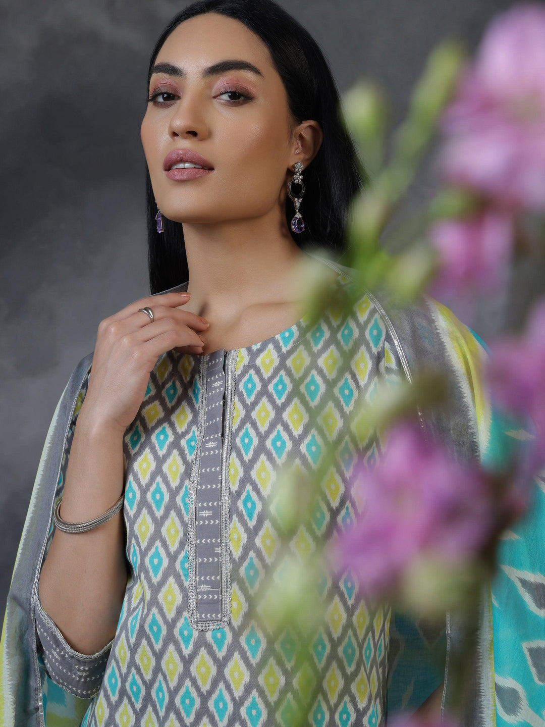 Grey Printed Cotton Straight Suit With Dupatta - Libas