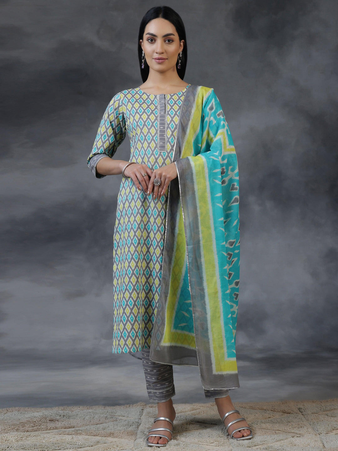 Grey Printed Cotton Straight Suit With Dupatta - Libas