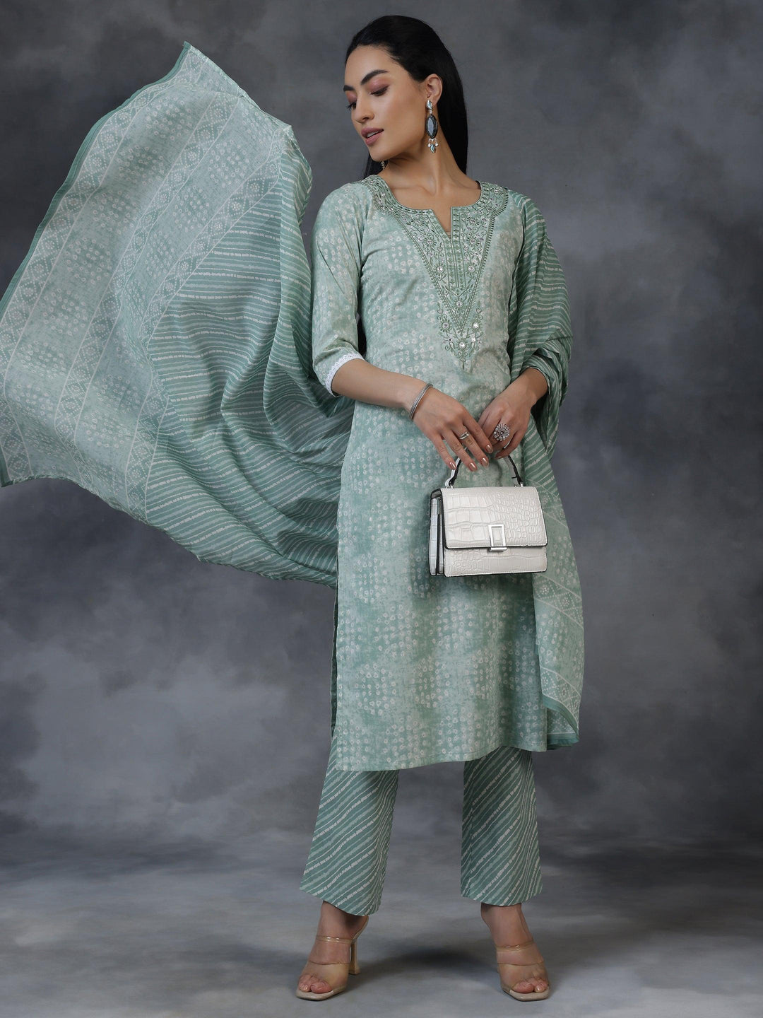 Green Printed Cotton Straight Suit With Dupatta - Libas 