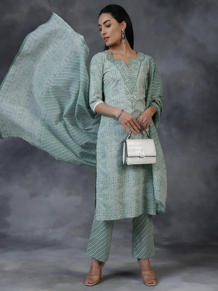 Green Printed Cotton Straight Suit With Dupatta - Libas