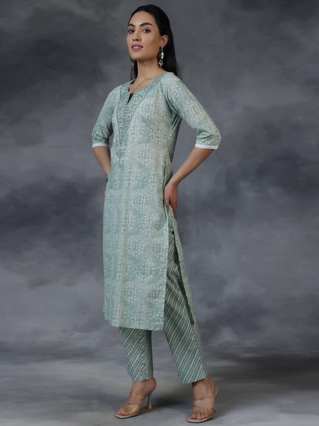 Green Printed Cotton Straight Suit With Dupatta - Libas 