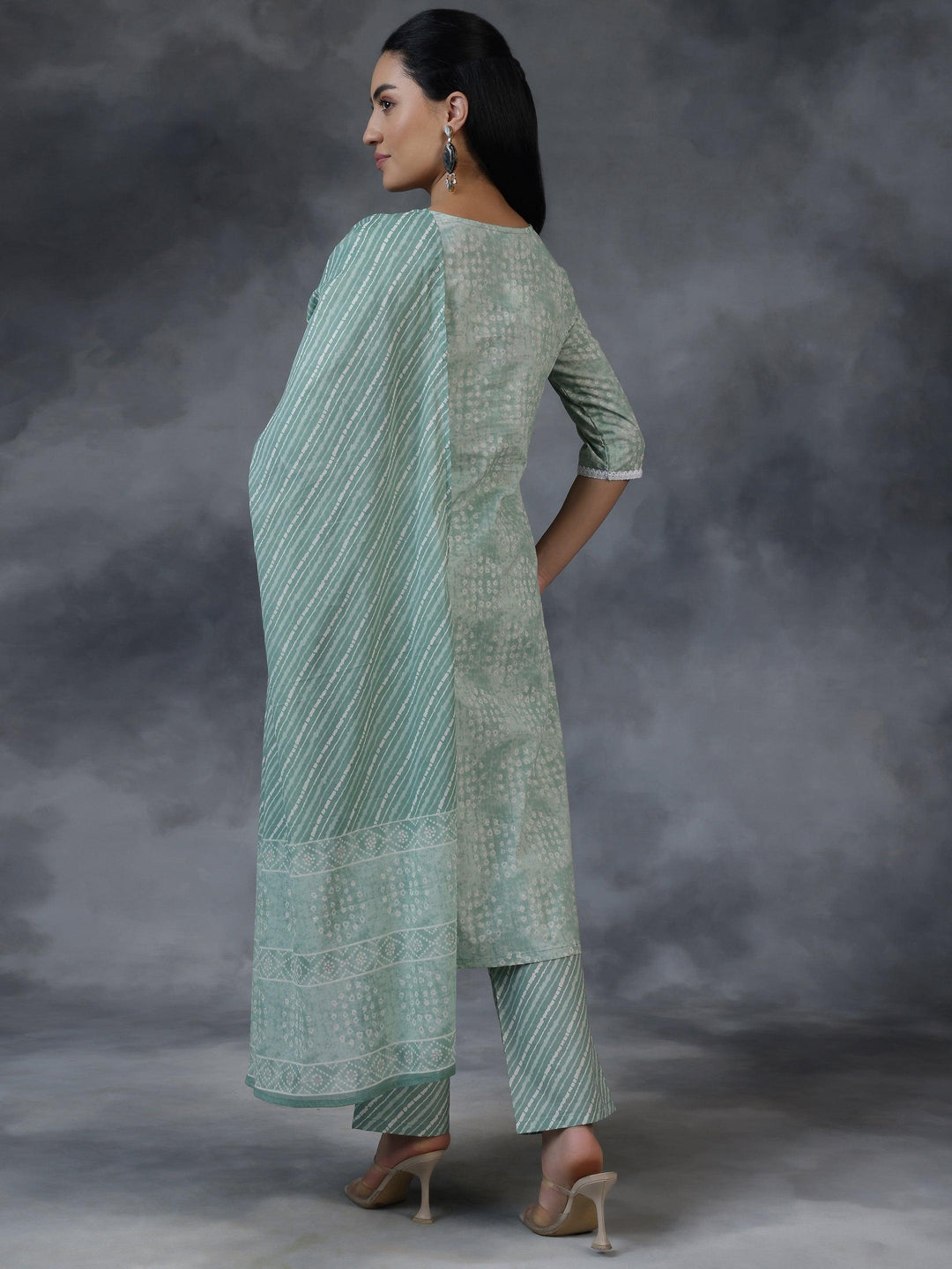 Green Printed Cotton Straight Suit With Dupatta - Libas 