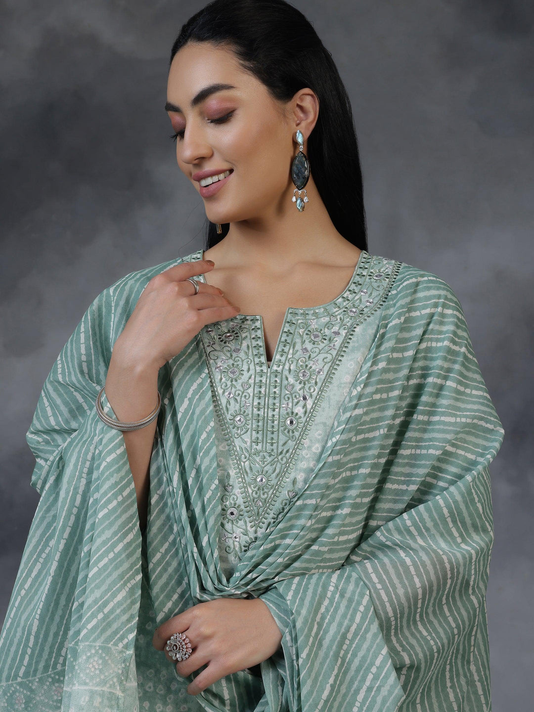 Green Printed Cotton Straight Suit With Dupatta - Libas