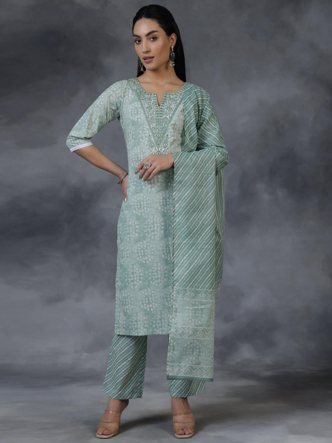 Green Printed Cotton Straight Suit With Dupatta - Libas 