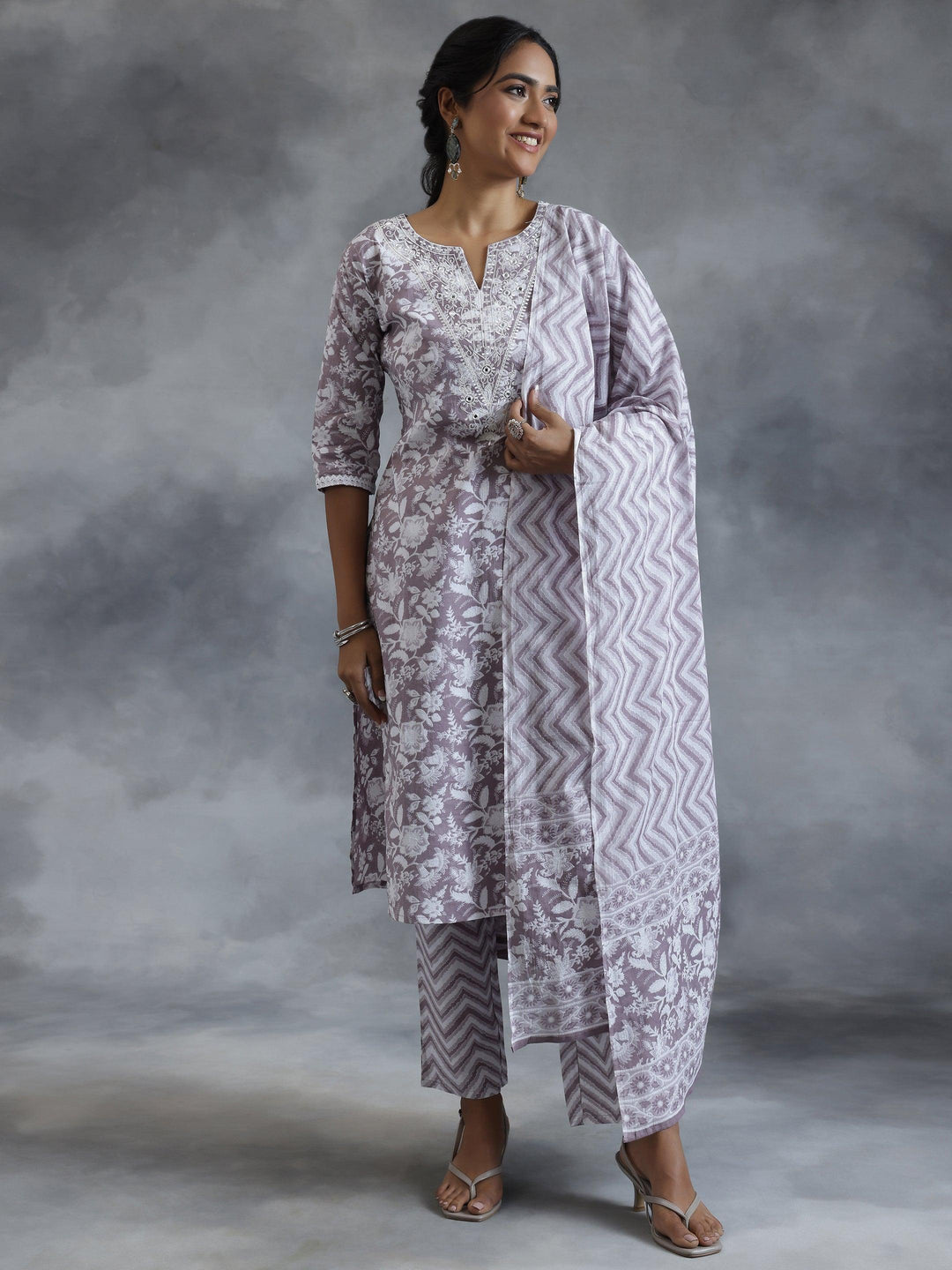 Grey Printed Cotton Straight Suit With Dupatta - Libas 