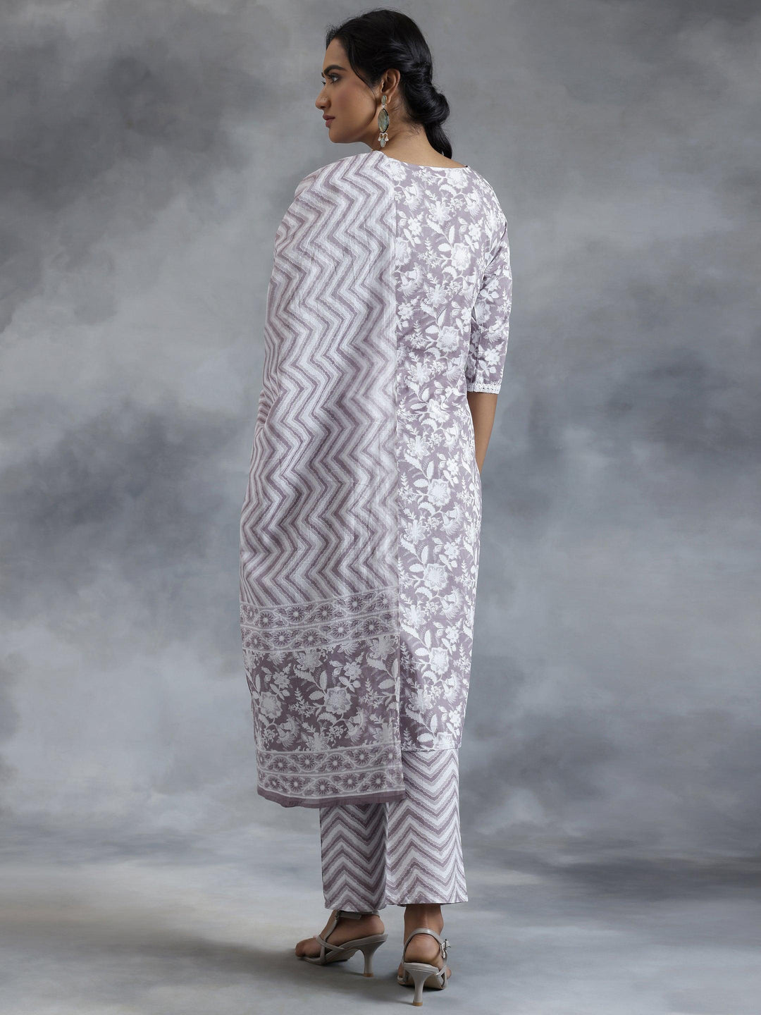 Grey Printed Cotton Straight Suit With Dupatta - Libas 