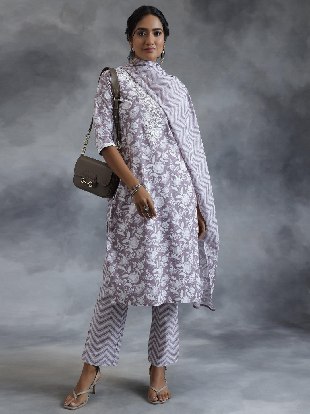 Grey Printed Cotton Straight Suit With Dupatta - Libas 