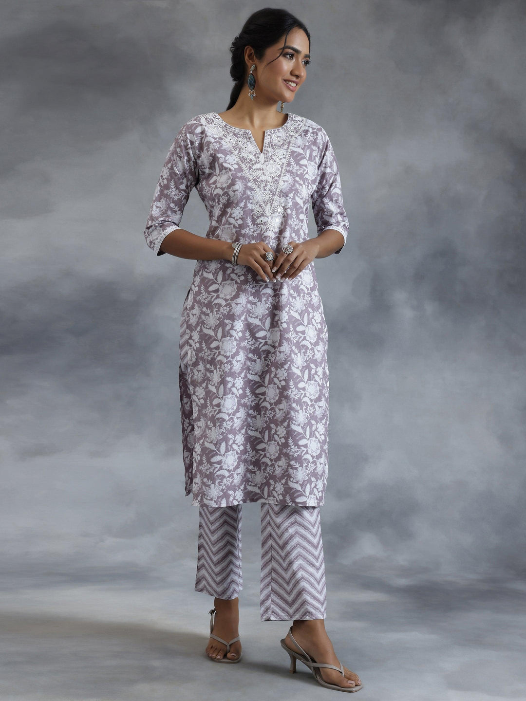 Grey Printed Cotton Straight Suit With Dupatta - Libas