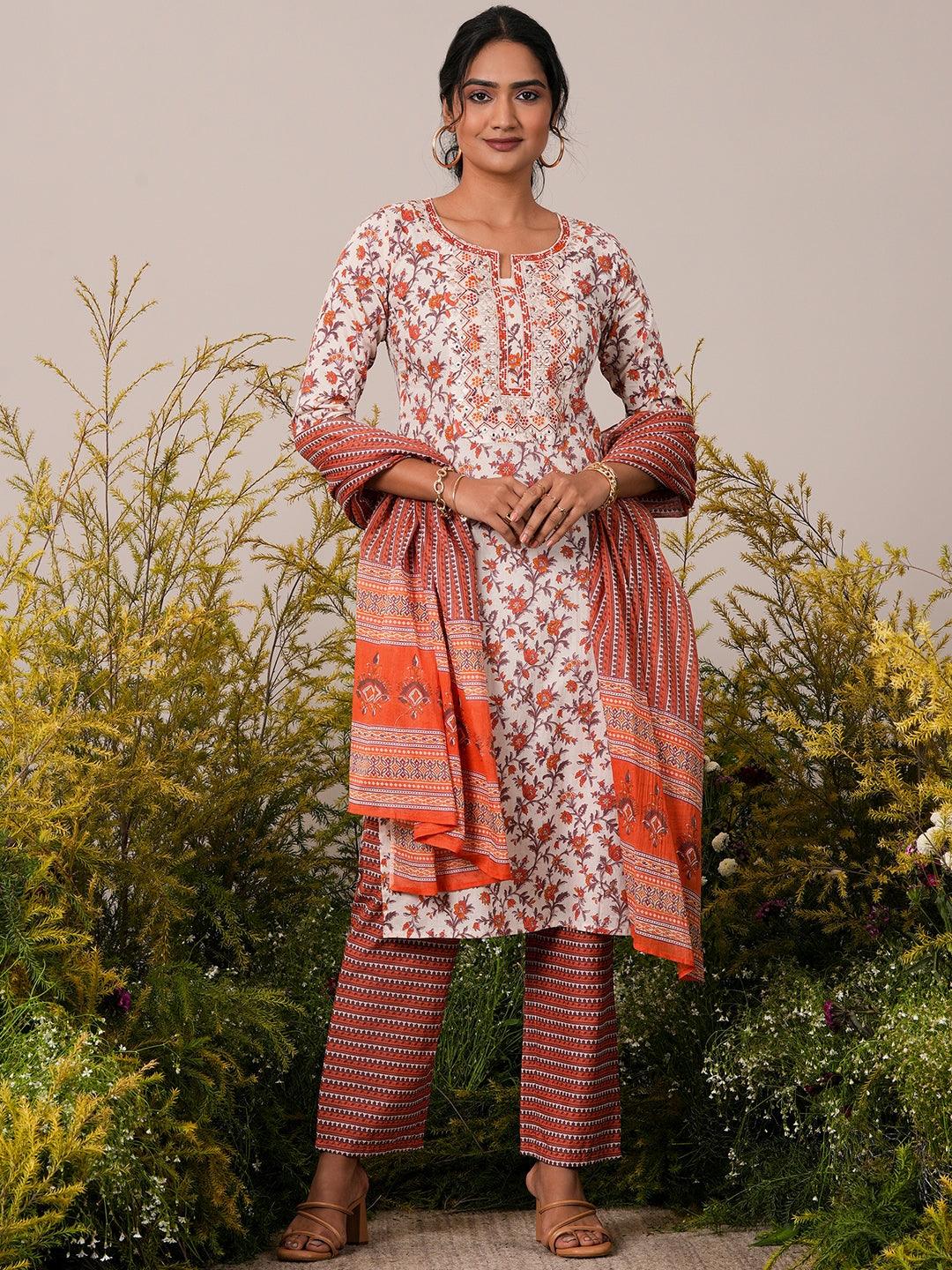 Rust Printed Cotton Straight Suit With Dupatta - Libas 