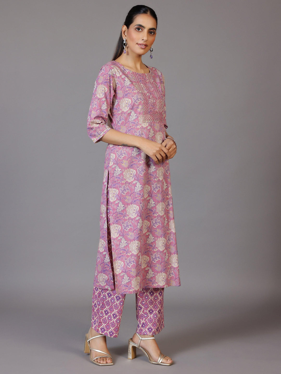 Mauve Printed Cotton Straight Suit With Dupatta - Libas 