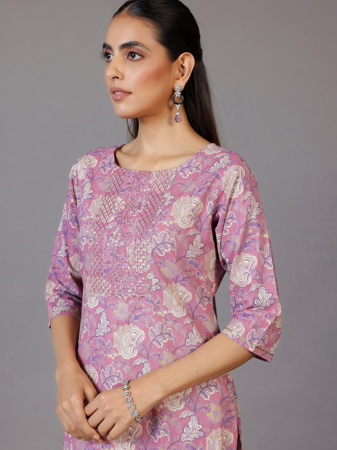 Mauve Printed Cotton Straight Suit With Dupatta - Libas 