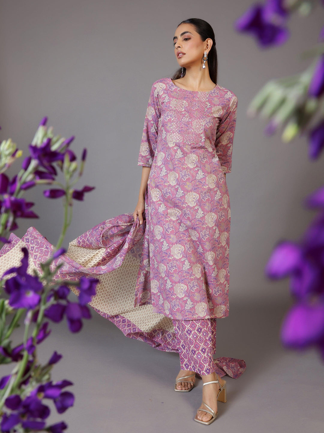 Mauve Printed Cotton Straight Suit With Dupatta - Libas 