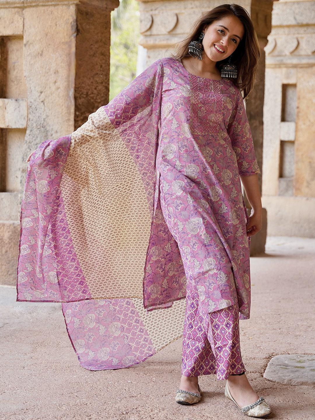 Mauve Printed Cotton Straight Suit With Dupatta - Libas 