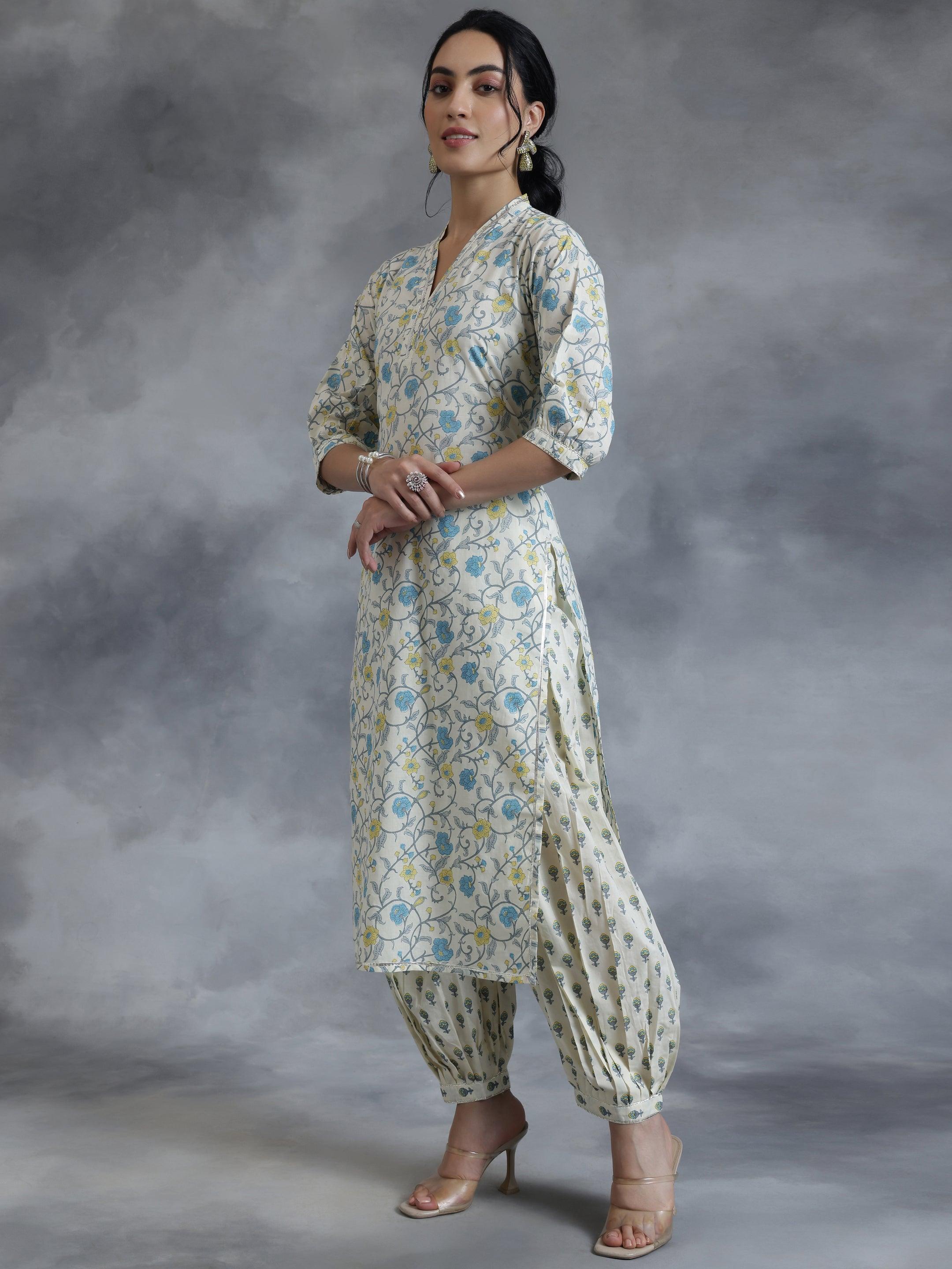 Off White Printed Cotton Straight Suit With Dupatta