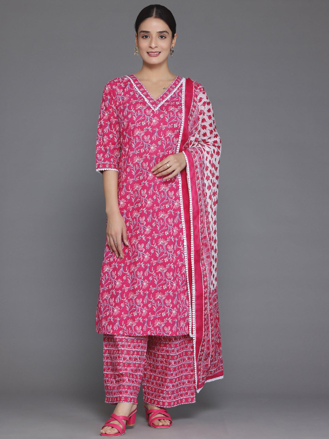 Pink Printed Cotton Straight Suit With Dupatta - Libas 