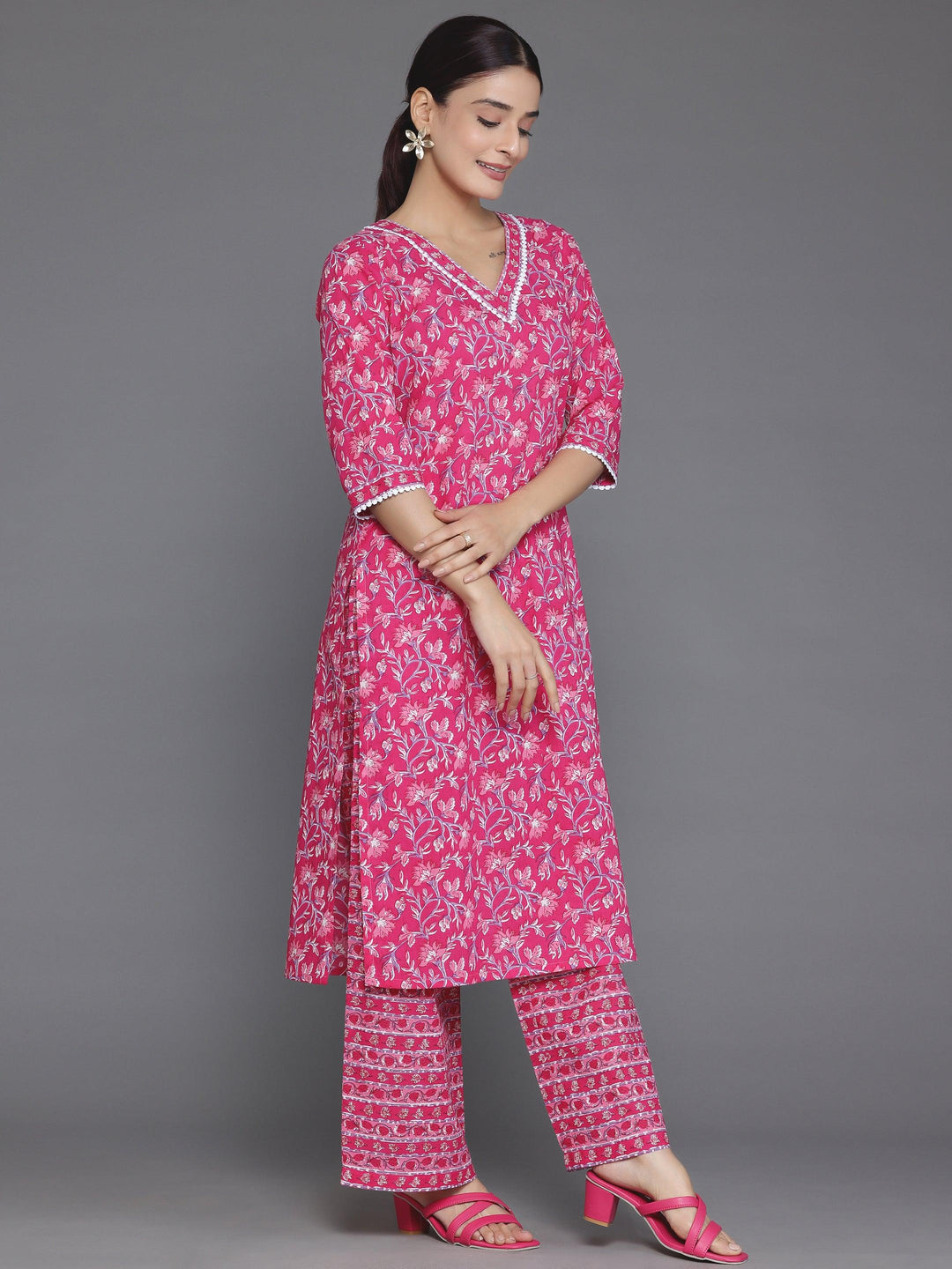 Pink Printed Cotton Straight Suit With Dupatta - Libas