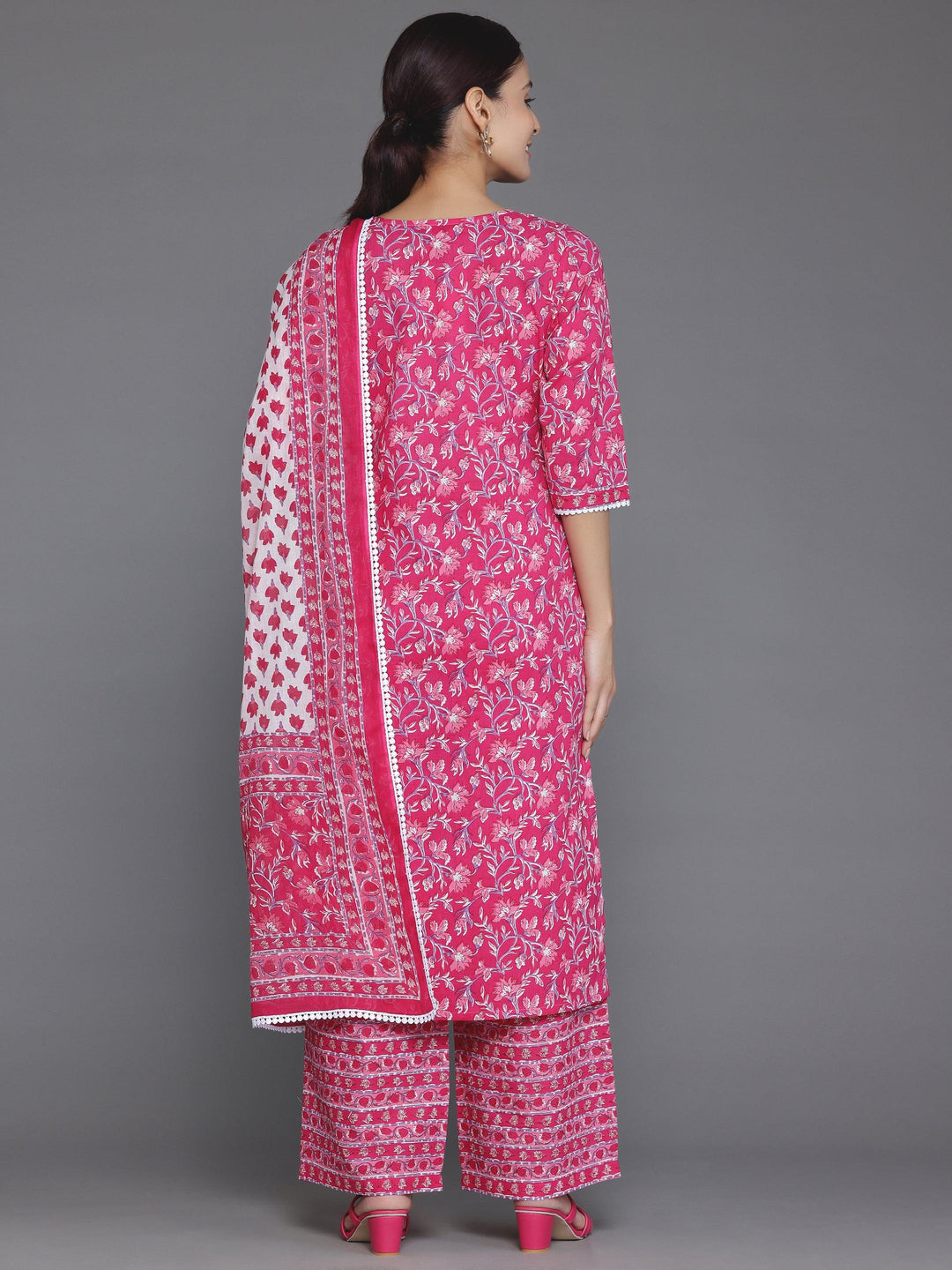 Pink Printed Cotton Straight Suit With Dupatta - Libas 